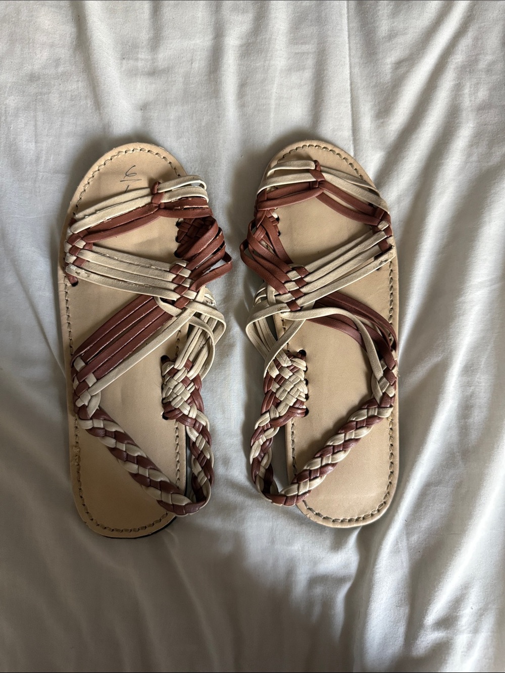 Woven Strappy Flat Sandals in Beige and Brown